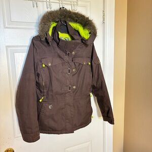 Firefly Brown Snow Jacket with Faux Fur Hood & Lime Green Lining - Medium